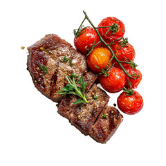  Delicious Grilled Steak with Roasted Tomatoes and Herbs on a white background