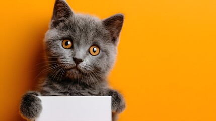 Cute British Shorthair kitten holding a blank white sign on a vibrant orange background.