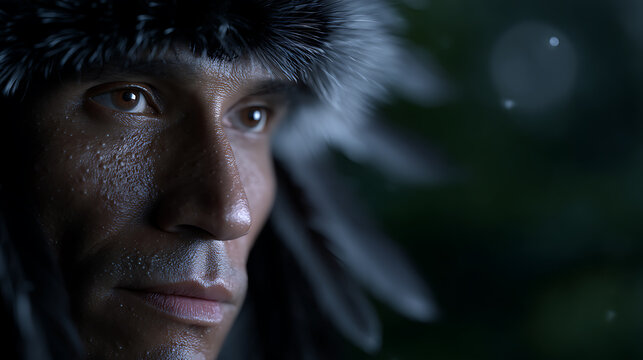 A portrait of an indigenous person with a traditional headdress, looking towards the distance. The lighting creates a contemplative mood
