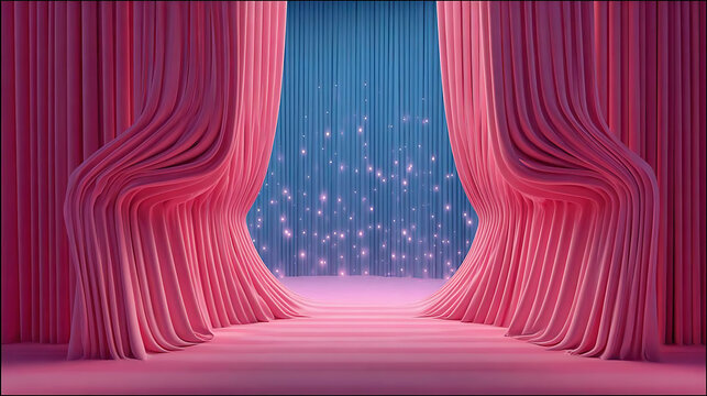 A stage with vibrant pink curtains and a luminous blue backdrop, evoking a sense of drama and elegance