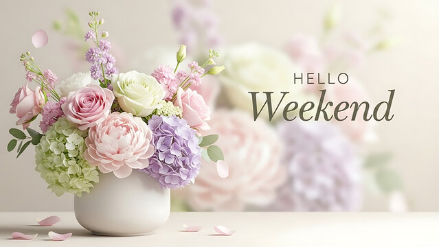 Beautiful flower arrangement in white vase with hello weekend message