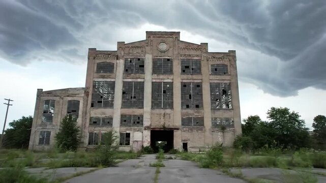 An abandoned high-rise building stands tall and decaying, its windows broken and structure slowly deteriorating, a symbol of neglect