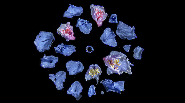 Artistic abstract arrangement of colorful petals and pieces on a dark background. The scattered pieces and petals, some of which are slightly open, give a dynamic impression.