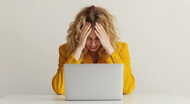 Young woman feeling intense frustration and headache while working at her laptop, indicating stress, emotional distress, and potential burnout from overwhelming workload and job problems