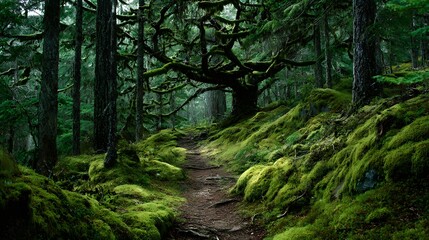 Obraz premium Enchanting Forest Path with Lush Green Moss and Towering Trees.