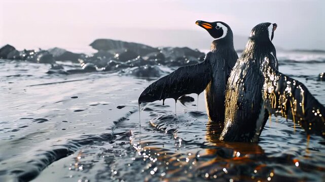 Gentoo penguins resting among seaweed. Gentoo penguins standing on rocky shore during sunrise. Two gentlegentoo penguins nestled in tide pool with shimmering feathers and calm sea