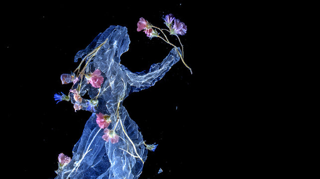 A graceful silhouette of a person holding flowers against a black backdrop. The person's form is ethereal, evoking a sense of tranquility.