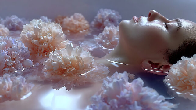 A serene woman luxuriating in a bath filled with delicate flowers. Her eyes are closed, and she appears relaxed. The water is clear, and the flowers add a touch of color and fragrance