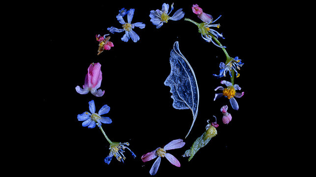 A close-up shot of a circle of flowers surrounding a leaf with a face silhouette