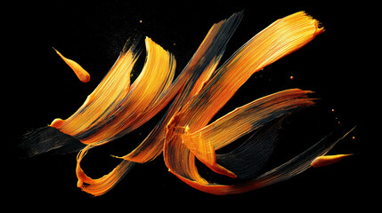 漆黒の背景に躍動するゴールドとオレンジの光り輝くブラシストロークと飛沫の抽象芸術