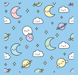 Kawaii Space Seamless Pattern with Cute Moons, Stars, Planets, and Clouds. Pastel Celestial Background for Kids and Nursery Decor. © amodha
