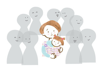Fototapeta premium スリングで幼い女の子を抱いた、孤独を感じている母親のイラスト