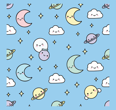 Kawaii Space Seamless Pattern with Cute Moons, Stars, Planets, and Clouds. Pastel Celestial Background for Kids and Nursery Decor.