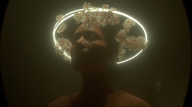 A person with a floral crown under an illuminated halo, creating an ethereal ambiance