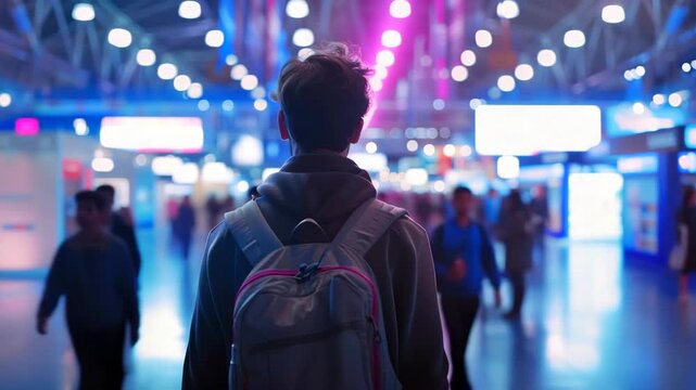 young traveler in neon airport terminal, backpacked silhouette faces busy concourse under bokeh lights and illuminated signage, reflective floor and modern architecture convey latenight