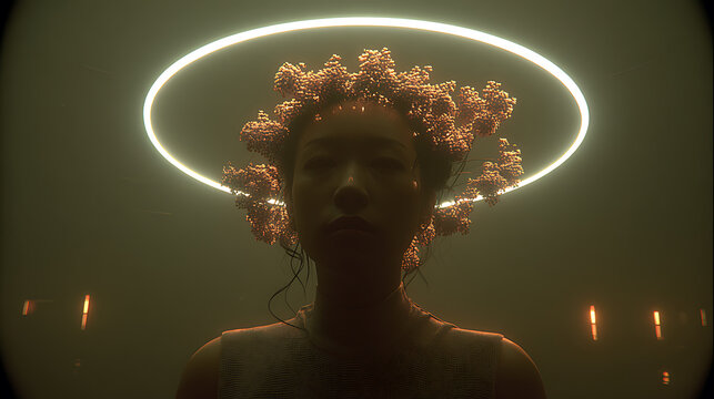 A surreal portrait of a woman with a glowing halo