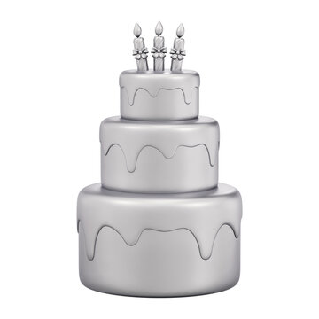 Silver three tier birthday cake 3D illustration. Metallic chrome stacked dessert with candles for 25th silver wedding anniversary, corporate success milestone and platinum party. Luxury trophy icon.