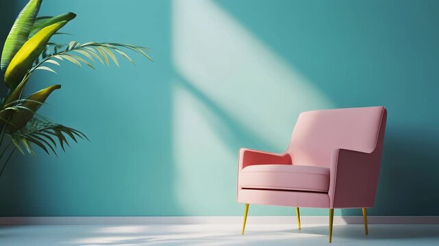 A pink armchair sits before a teal wall with sunlight and plant accents