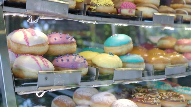 Assortment of fresh and colorful donuts displayed in a glass case at a bakery, showcasing various glazes and toppings with a dynamic camera movement