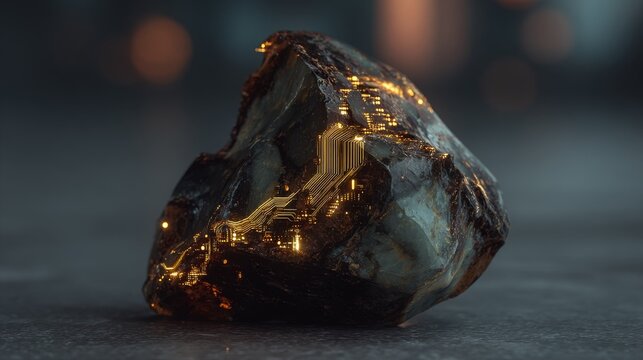 Polished obsidian shard with embedded luminous circuitry