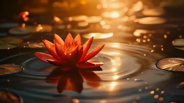 A vibrant red lotus flower floats peacefully in dark water, illuminated by a warm, golden light