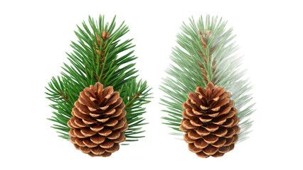 Pinecones and branches with green needles on white background