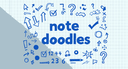 Collection of various note doodles and icons on graph paper background.
