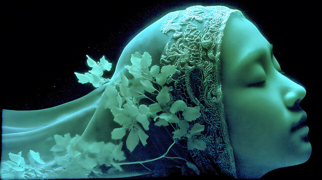 A serene portrait of a person with closed eyes, adorned with floral elements and a delicate veil