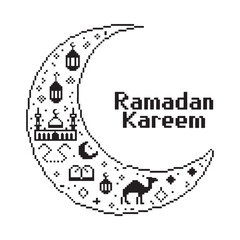 A decorative crescent moon with islamic motifs and the text Ramadan Kareem in black and white