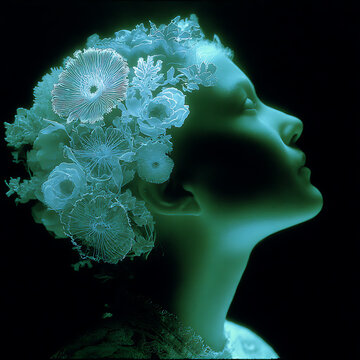 A striking portrait of a woman adorned with intricate floral headwear, radiating a sense of ethereal beauty. The image is captured with unique artistic flair