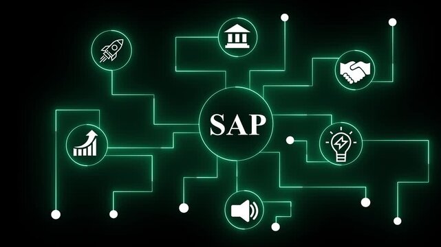 SAP Business process automation software system on virtual screen, 4k motion video. Technology network background concept.