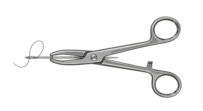 Surgical needle holder with curved needle on white background viewed from straight on