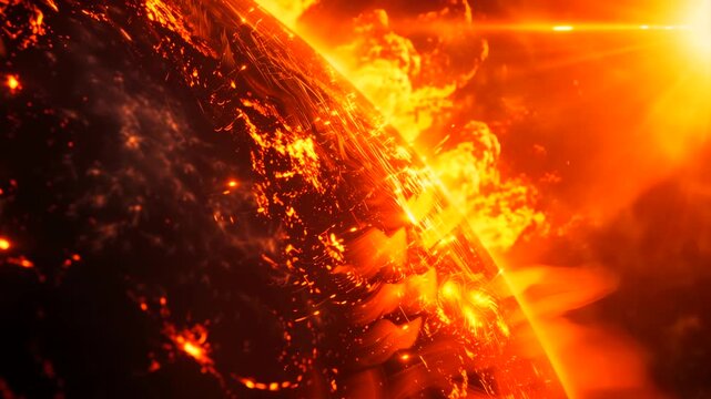 fiery planet surface engulfed in solar flare, molten continents glow with intense plasma bursts and corona streams, blazing heat haze, orbiting debris and apocalyptic luminosity