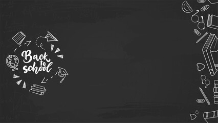 Back to School chalkboard announcement with rocket Doodle. Back to School background with black chalk board.  © hibonaya