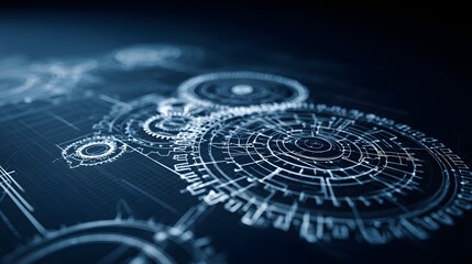 Fototapeta premium Intricate Digital Blueprint of Futuristic Gears and Circuits on Dark Background.