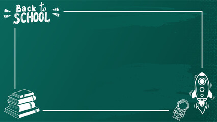 Back to School Chalkboard doodles Illustration. Back to School background with green chalk board and school supplies. © hibonaya