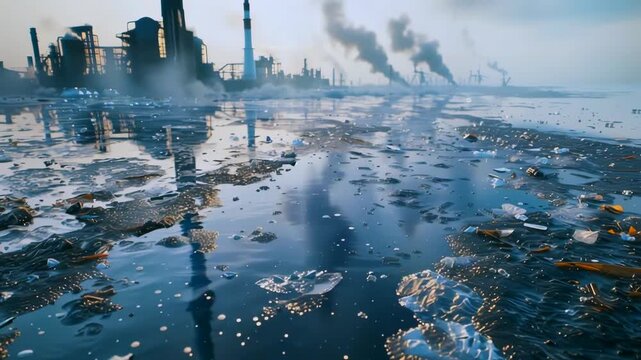 polluted shoreline slick with oil, industrial skyline in distance, floating plastic and waste, cold blue light, environmental scientist surveying cleanup needs, urgent climate crisis mood