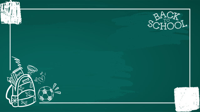 Back to School Chalkboard doodles Illustration. Back to School background with green chalk board and school supplies.