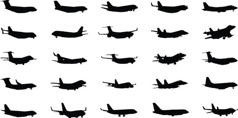 Set of airplane silhouettes featuring commercial passenger jets fighter planes and private aircraft for aviation travel military defense and transport design projects