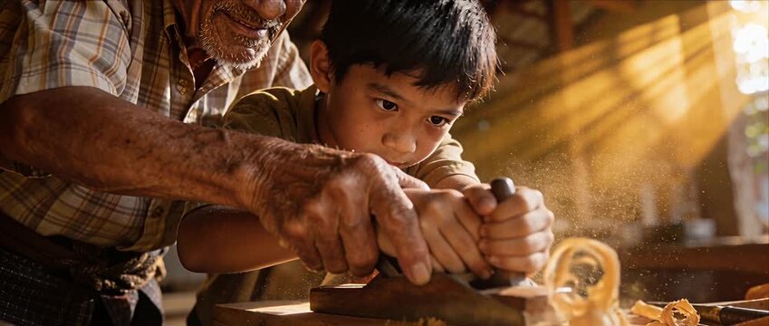 Grandfather grandson child boy man senior wood woodworking carpentry workshop connectioneering guidance learning teaching family teamwork tradition craft artisan hands focus concentration skill