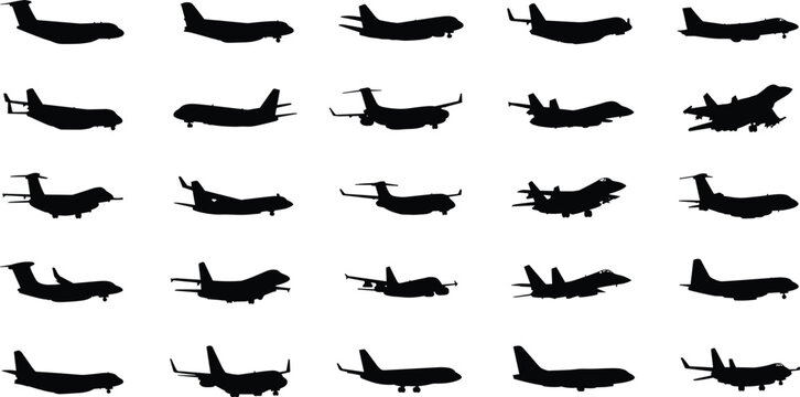 Set of airplane silhouettes featuring commercial passenger jets fighter planes and private aircraft for aviation travel military defense and transport design projects