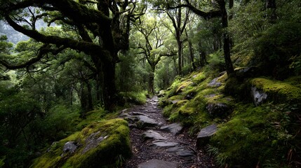 Obraz premium Lush Green Forest Path with Moss-Covered Trees and Stones.
