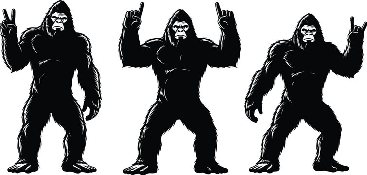 Bigfoot Silhouette Vector Set Collection of Sasquatch Characters Showing Peace Sign and Rock On Hand Gestures for Funny Adventure Designs