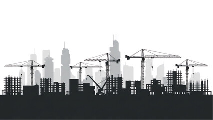 Fototapeta premium Cityscape Silhouette with Construction Cranes and New Building Development Vector Illustration