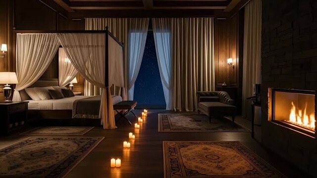 Luxury Four Poster Bed Room With Canopy Draped In White Fabric Next To A Fireplace And A Window Revealing A Starry Night Sky With A Path Of Candles Leading To The Bed