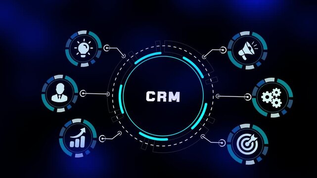 Customer Relationship Management CRM concept with support icons and client management symbols on a professional blue tech background.