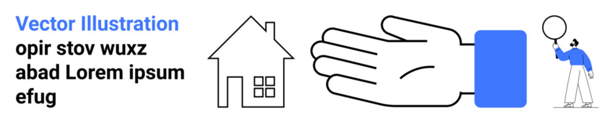 Hand reaching towards a house with windows while a figure holding a balloon stands apart. Ideal for themes thumbs up home, security, property, care, gestures, individuality, simple landing page © robu_s