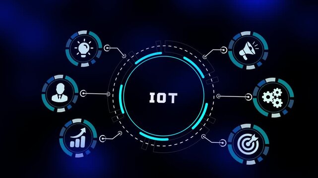 Internet of Things IOT connectivity concept with smart device icons and digital network communication symbols on a blue tech background.
