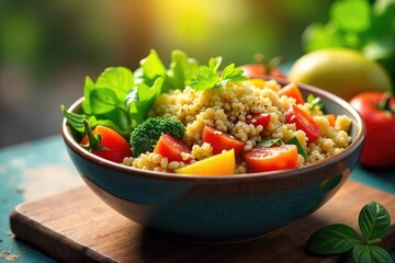 A sun-drenched bowl overflows with vibrant, colorful vegetables and grains, exuding a calm and peaceful vegetarian vibe Perfect for a healthy, mindful meal , simple, relaxation