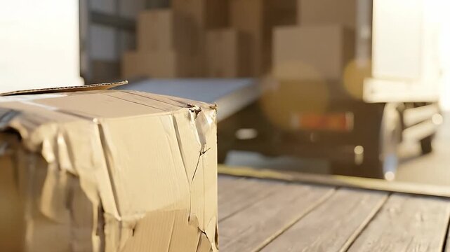 Damaged Cardboard Box Sitting on Wooden Dock Near Open Rear Loading Ramp of White Truck Filled With Stacked Boxes During Daytime with Soft Sunlight